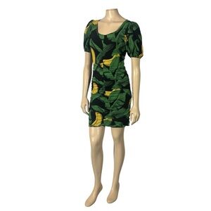 NWT Ganni Green Banana Print Mesh Ruched Mini Dress
